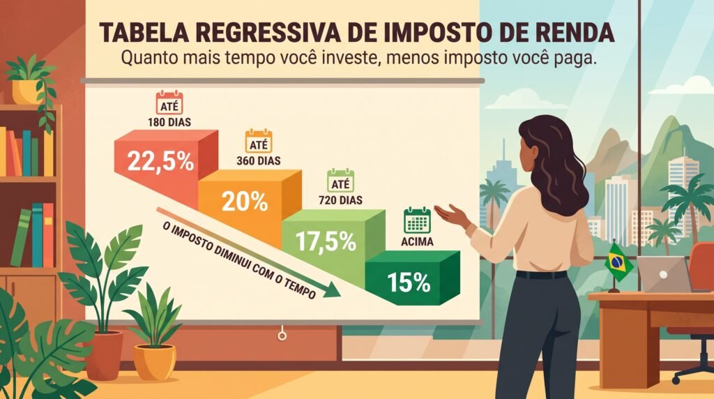 E cai com o tempo: 20% até 1 ano, 17,5% até 2 anos, 15% depois.